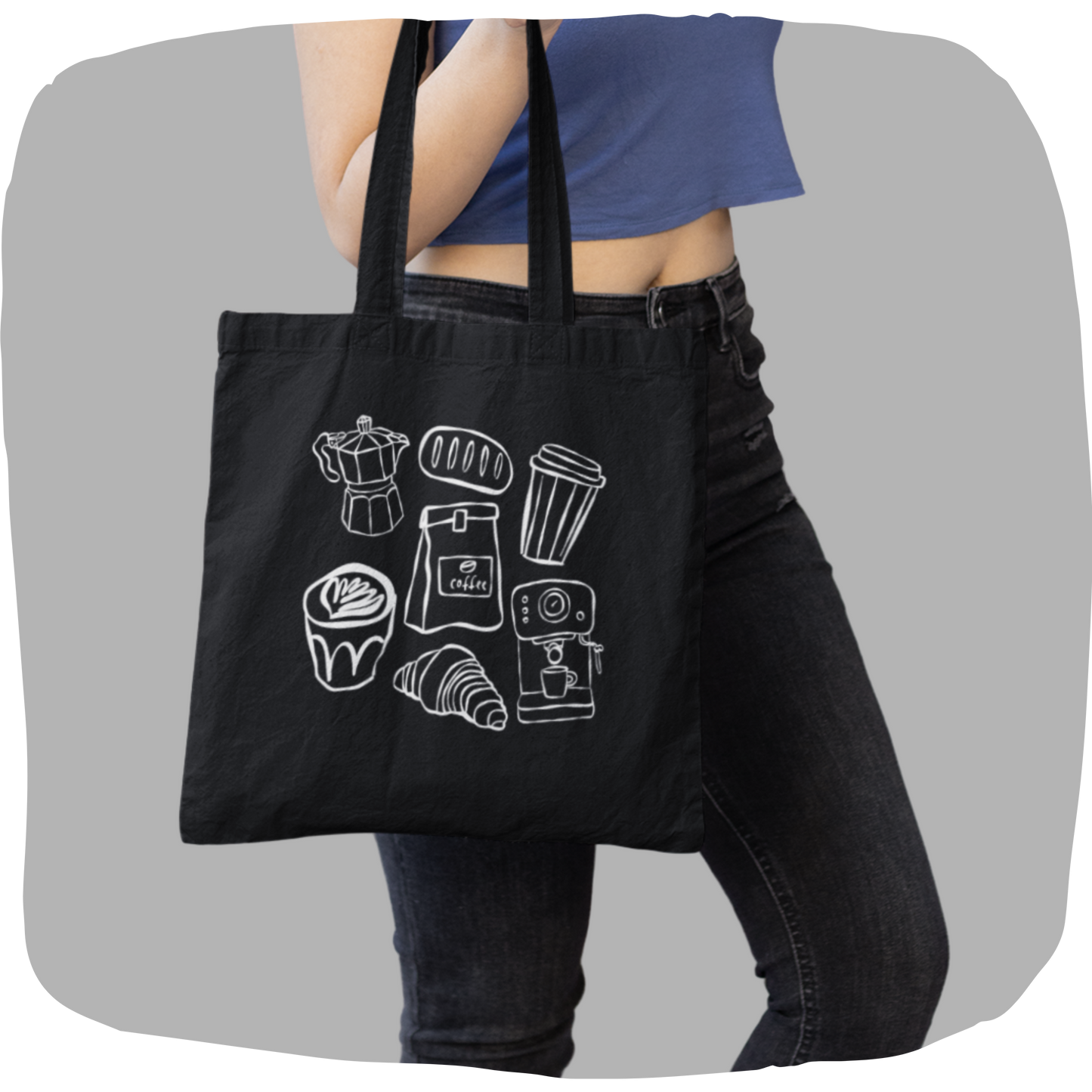 Sac tote noir en coton bio - Dessin style sketch thématique café