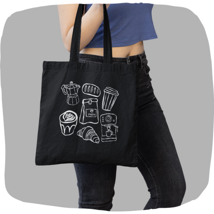 Sac tote noir en coton bio - Dessin style sketch thématique café