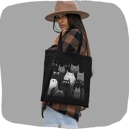 Sac tote en matériaux recyclés - Chats graphiques en noir et blanc