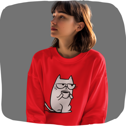 Pull prérétréci écoresponsable – Chat blasé et tasse de café