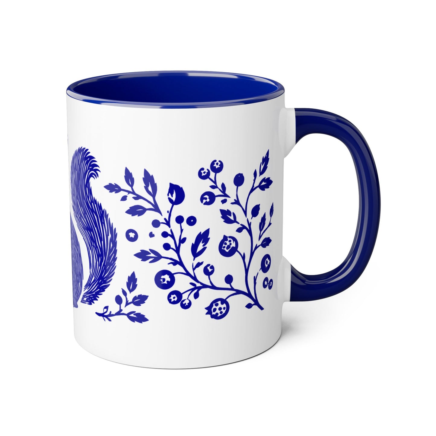 Tasse bicolore — Écureuil linocut botanique bleu cobalt