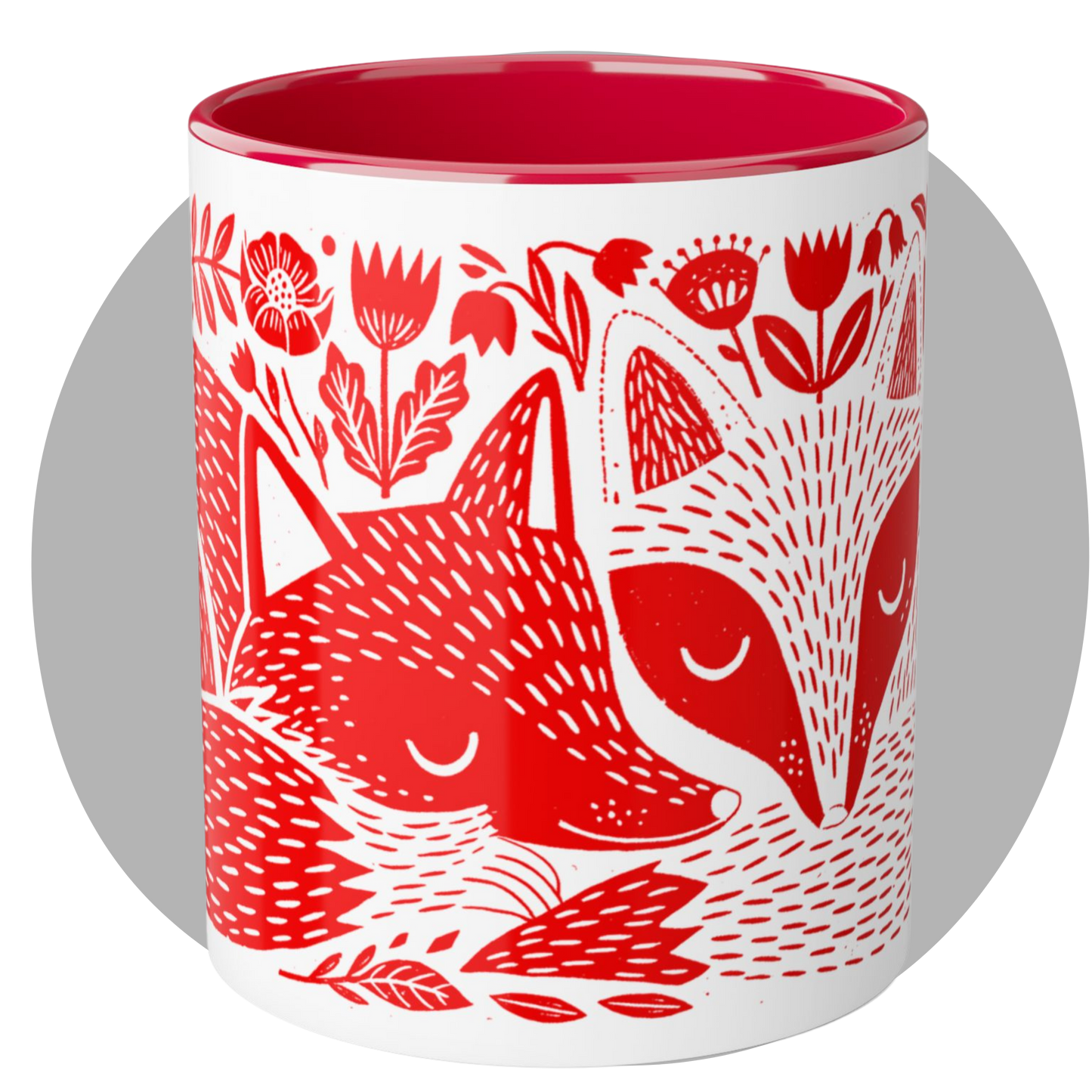 Tasse bicolore — Deux renards endormis linocut rouge vif