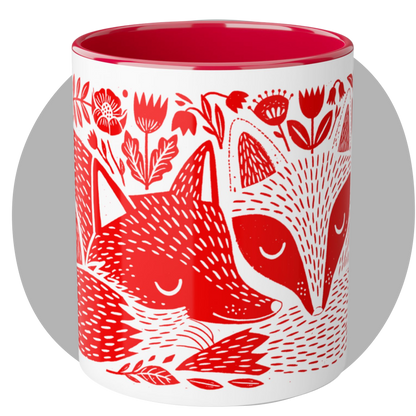 Tasse bicolore — Deux renards endormis linocut rouge vif