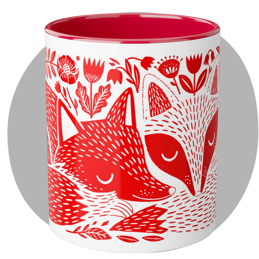 Tasse bicolore — Deux renards endormis linocut rouge vif