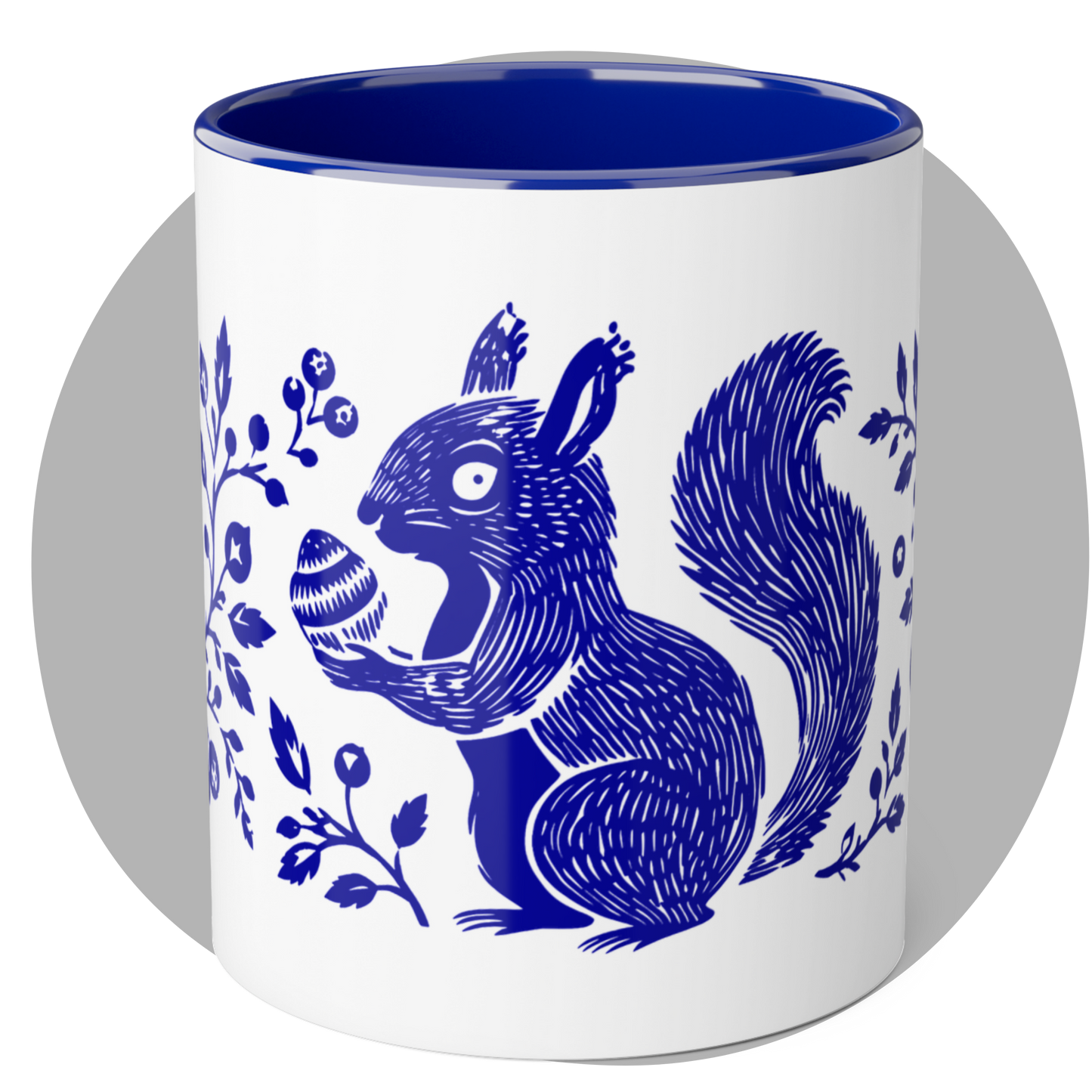 Tasse bicolore — Écureuil linocut botanique bleu cobalt