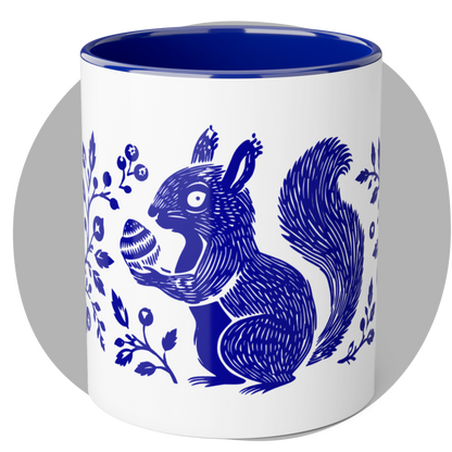 Tasse bicolore — Écureuil linocut botanique bleu cobalt