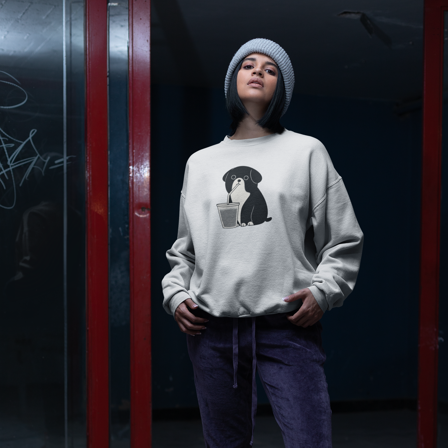 Organic Cotton Sweater – Midweight – Dog and Iced Coffee Mug