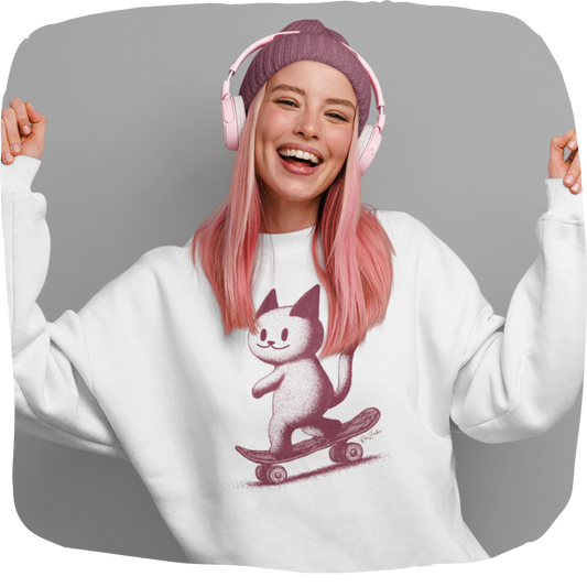 Pull en coton bio - Épaisseur moyenne – Chat sur planche à roulettes