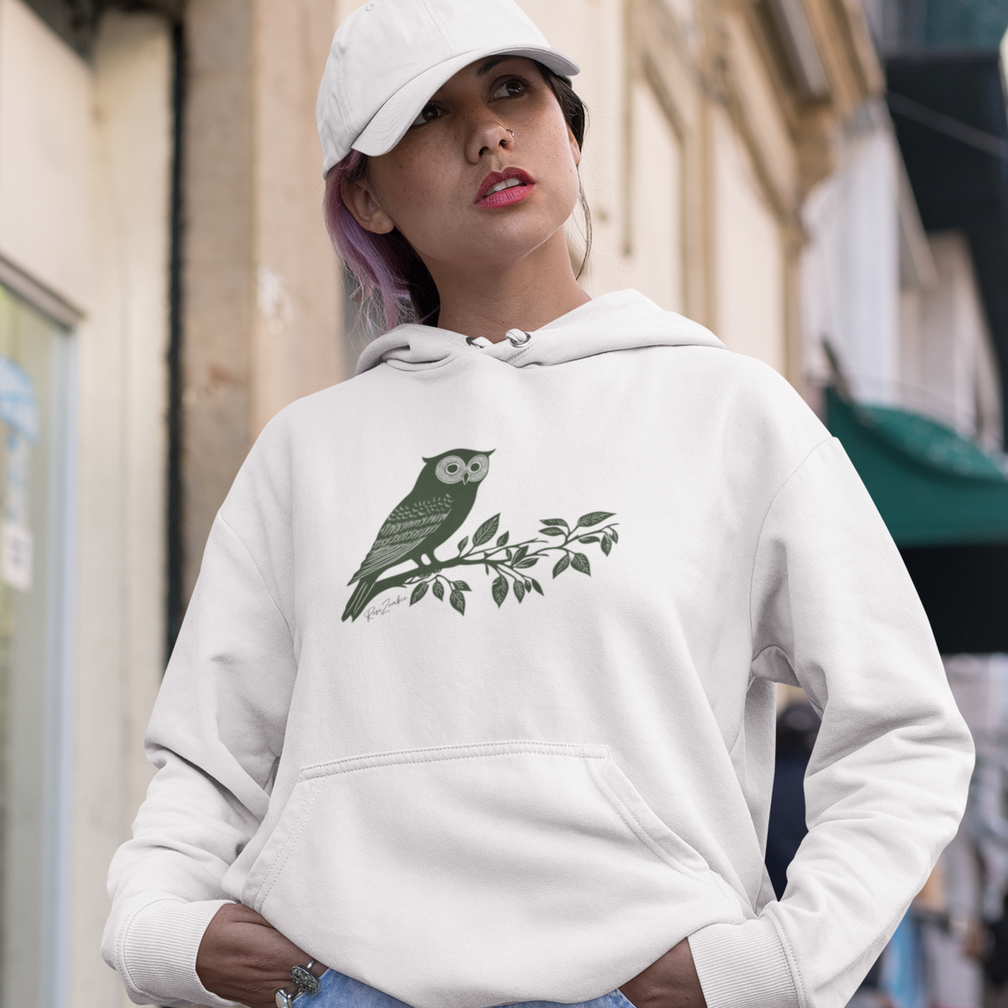 Sweat à capuche en coton durable – Hibou style linogravure