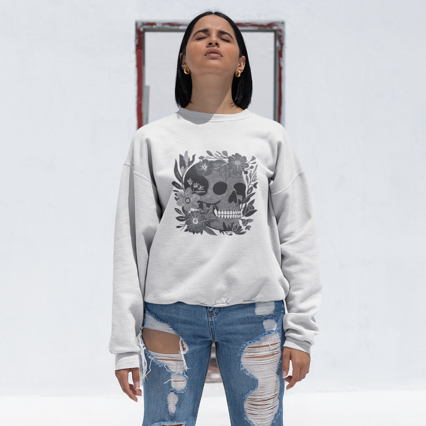 Pull en coton éthique - Crâne fleuri style gothique