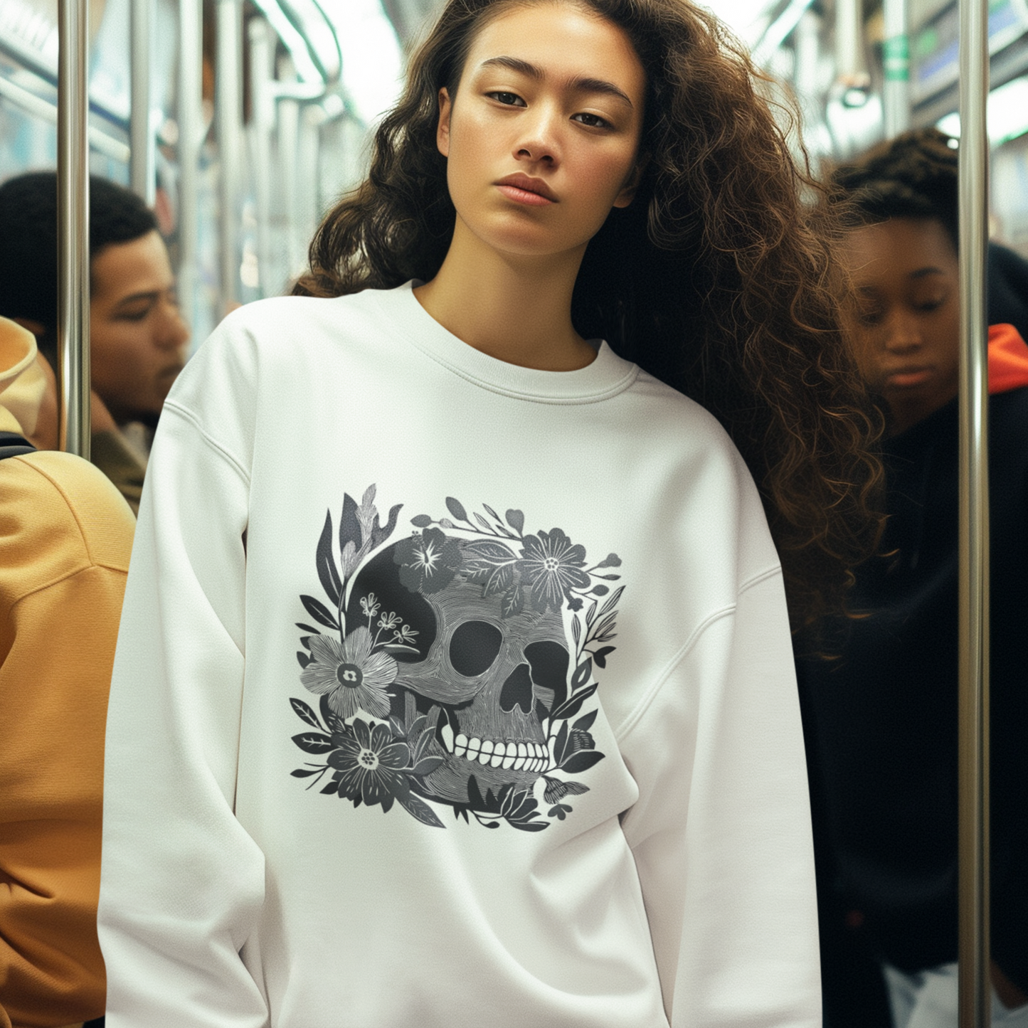 Pull en coton éthique - Crâne fleuri style gothique