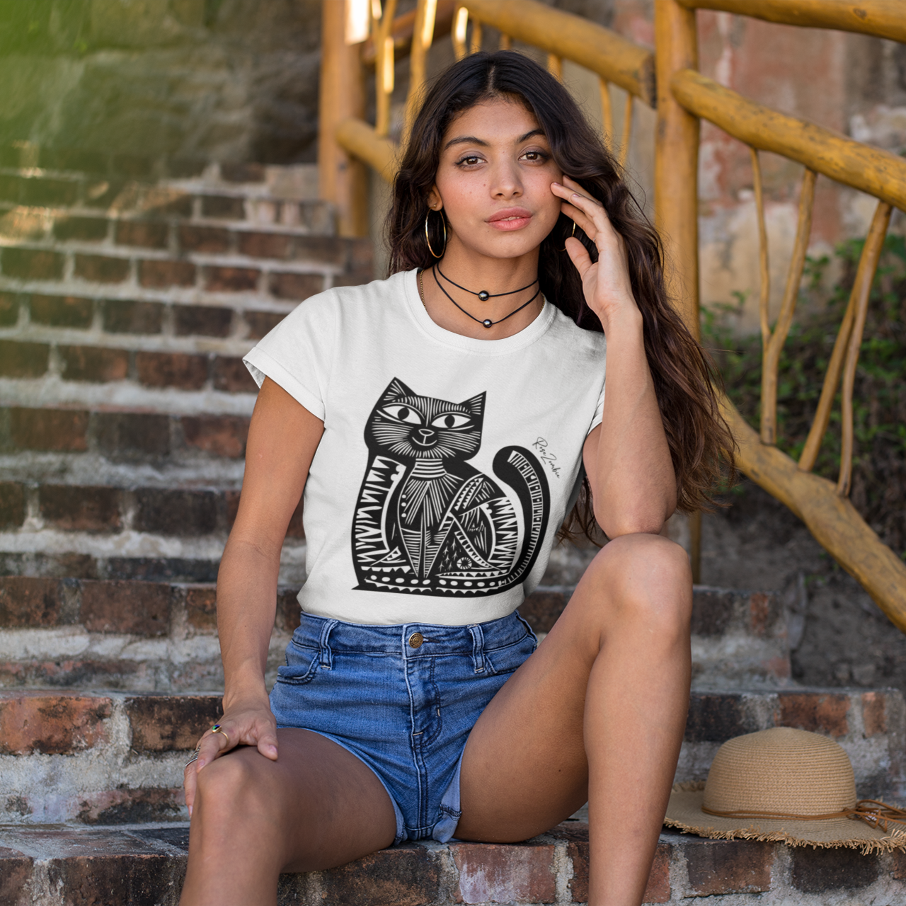 T-shirt en coton bio - Motif de chat - rose zombie