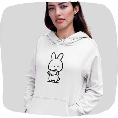 Sweat à capuche en coton durable "Pause Café" – Lapin avec tasse de café