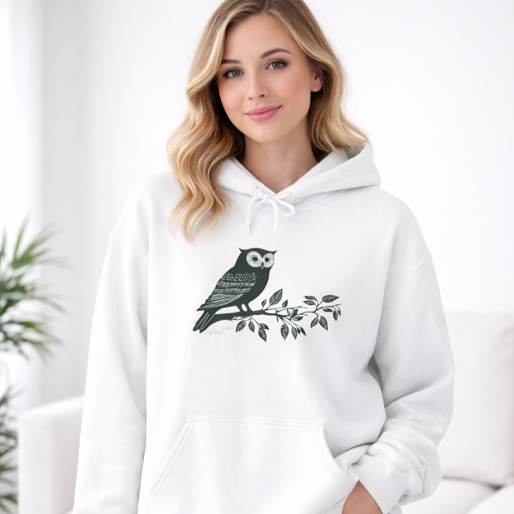 Sweat à capuche en coton durable – Hibou style linogravure