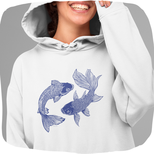 Sweatshirt à capuche en coton bio – Poissons en style sérigraphie