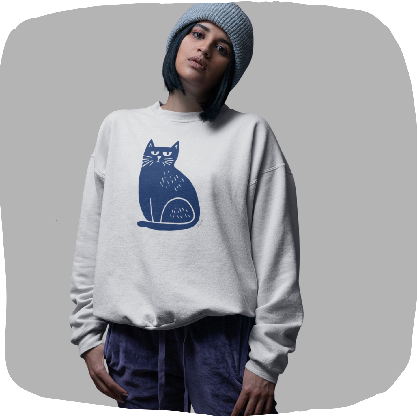 Pull en coton bio – Épaisseur moyenne – Imprimé chat minimaliste