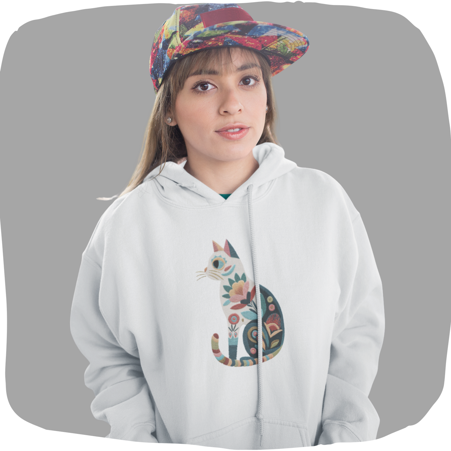 Sweat à capuche en coton durable – Chat au motif fleuri