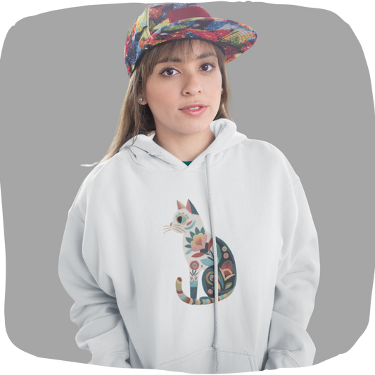 Sweat à capuche en coton durable – Chat au motif fleuri