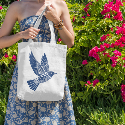 Sac tote en matériaux recyclés - Imprimé d'oiseau style linogravure