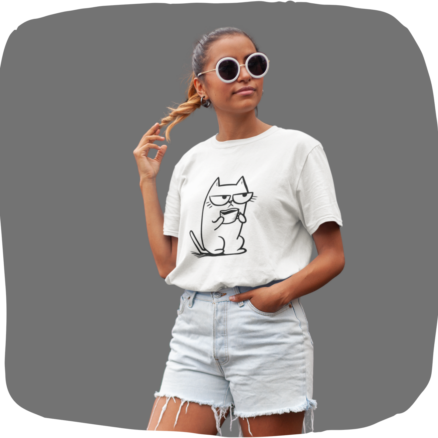 Sustainable Cotton T-Shirt - Sarcastic Cat with Mug