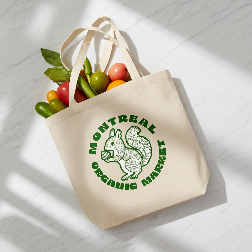 Sac tote en coton bio - Thème Montréal avec écureuil en style sérigraphie