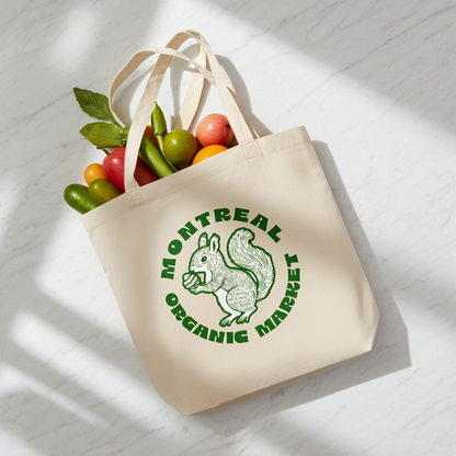 Sac tote en coton bio - Thème Montréal avec écureuil en style sérigraphie