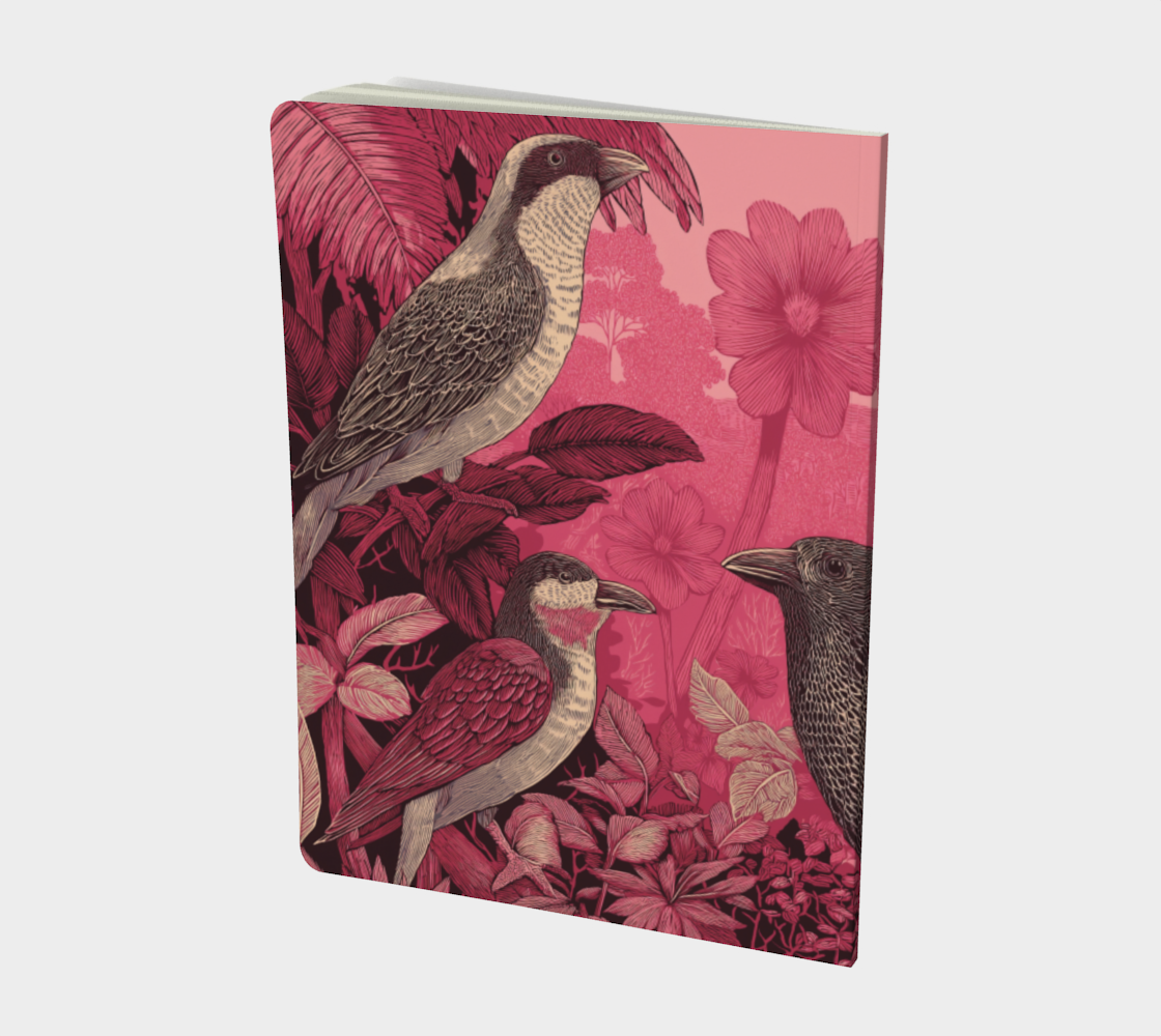 Grand carnet papier recyclé — Illustration perroquet tropical, tons rose et bordeaux