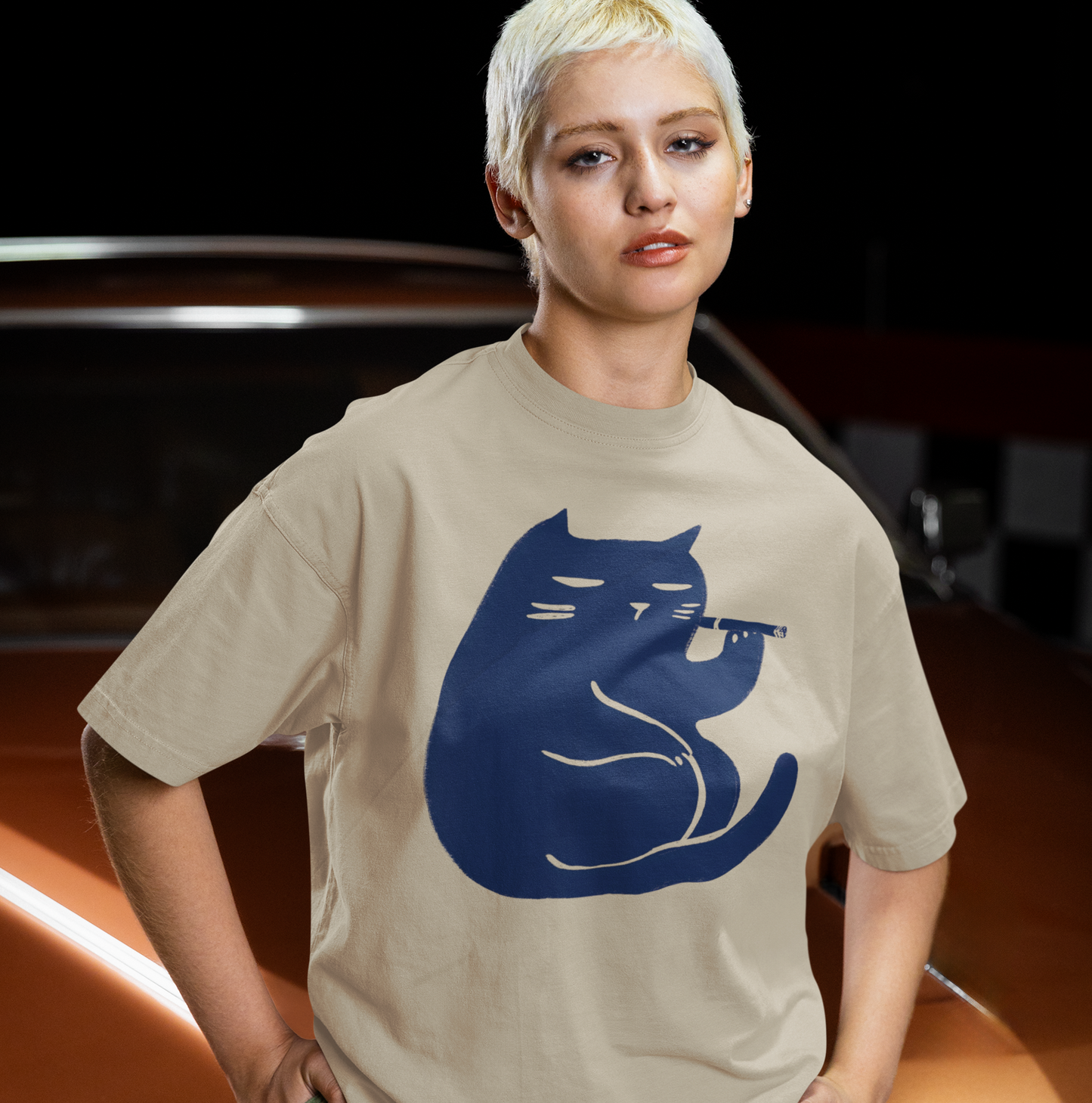 T-shirt en coton bio oversize - Chat relax