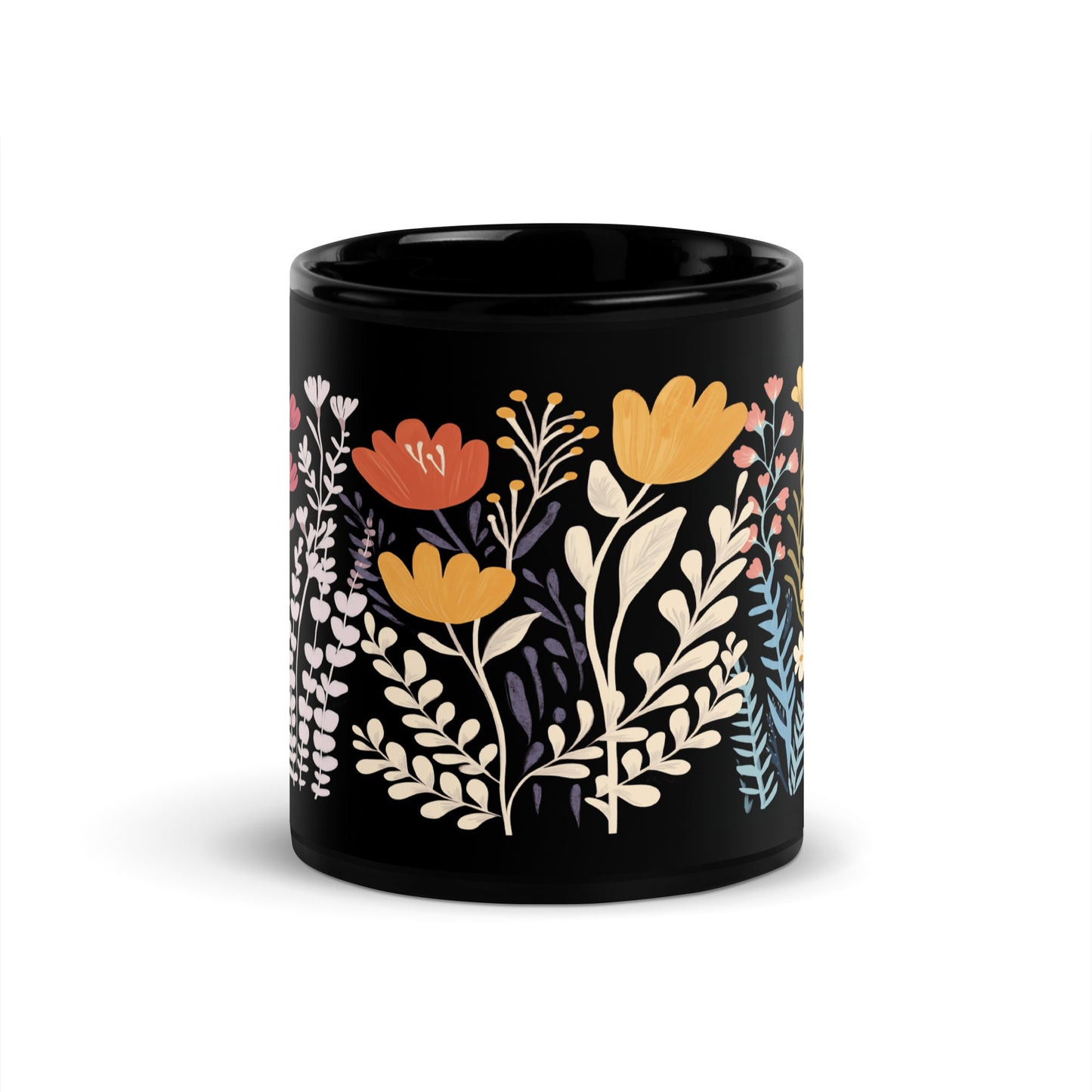 Tasse noire — Illustration fleurs sauvages multicolores