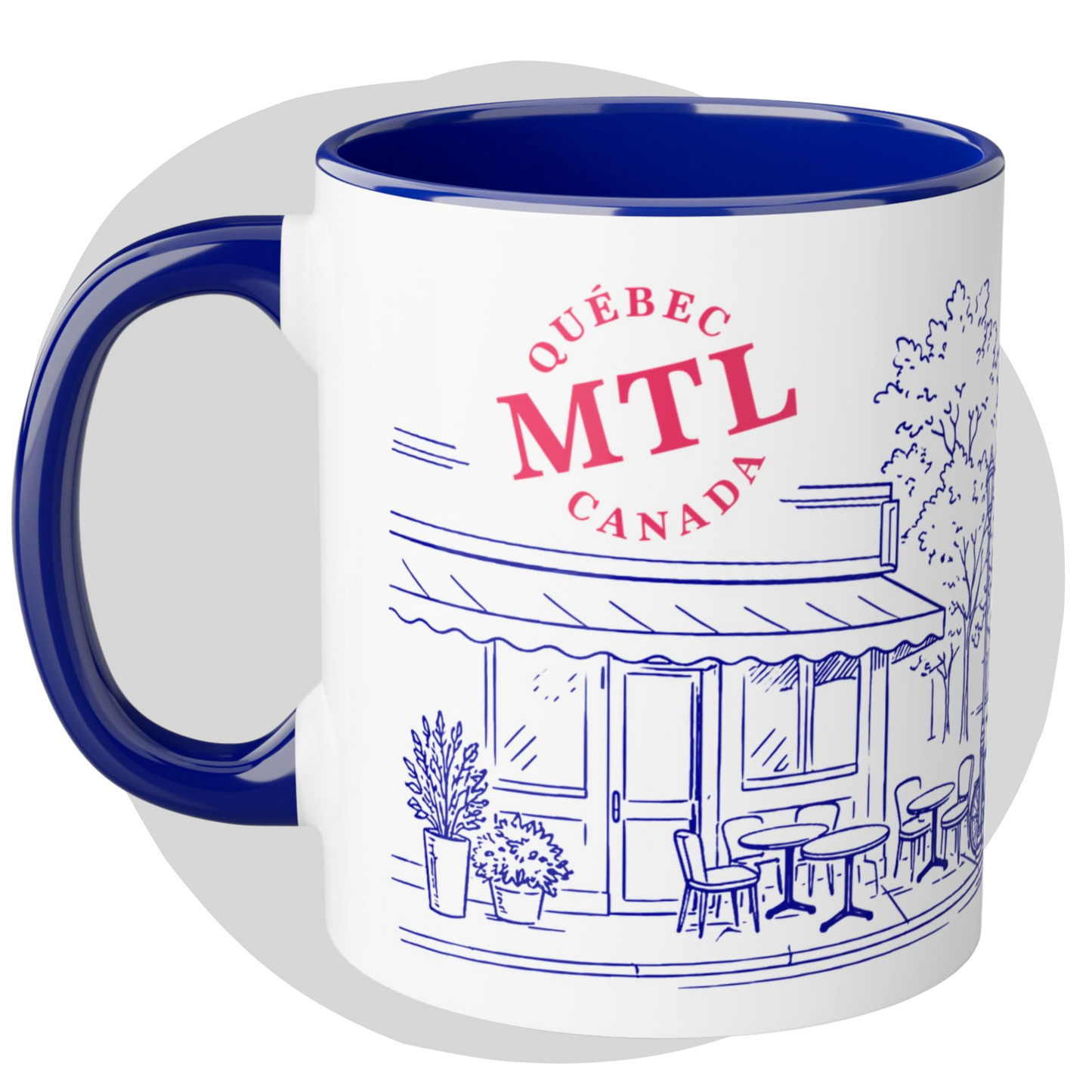 Tasse Montréal 2 tons bleu cobalt et roug — Illustration café terrasse