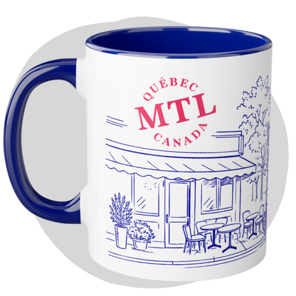 Tasse Montréal 2 tons bleu cobalt et roug — Illustration café terrasse