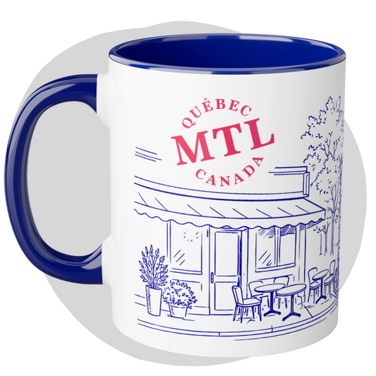 Tasse Montréal 2 tons bleu cobalt et roug — Illustration café terrasse
