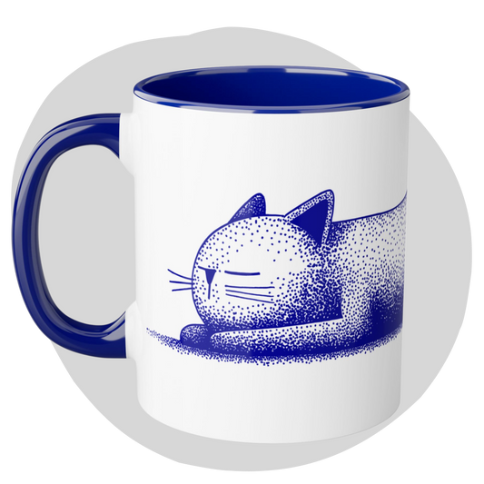 Tasse bicolore — Chat endormi illustration dotwork bleu cobalt