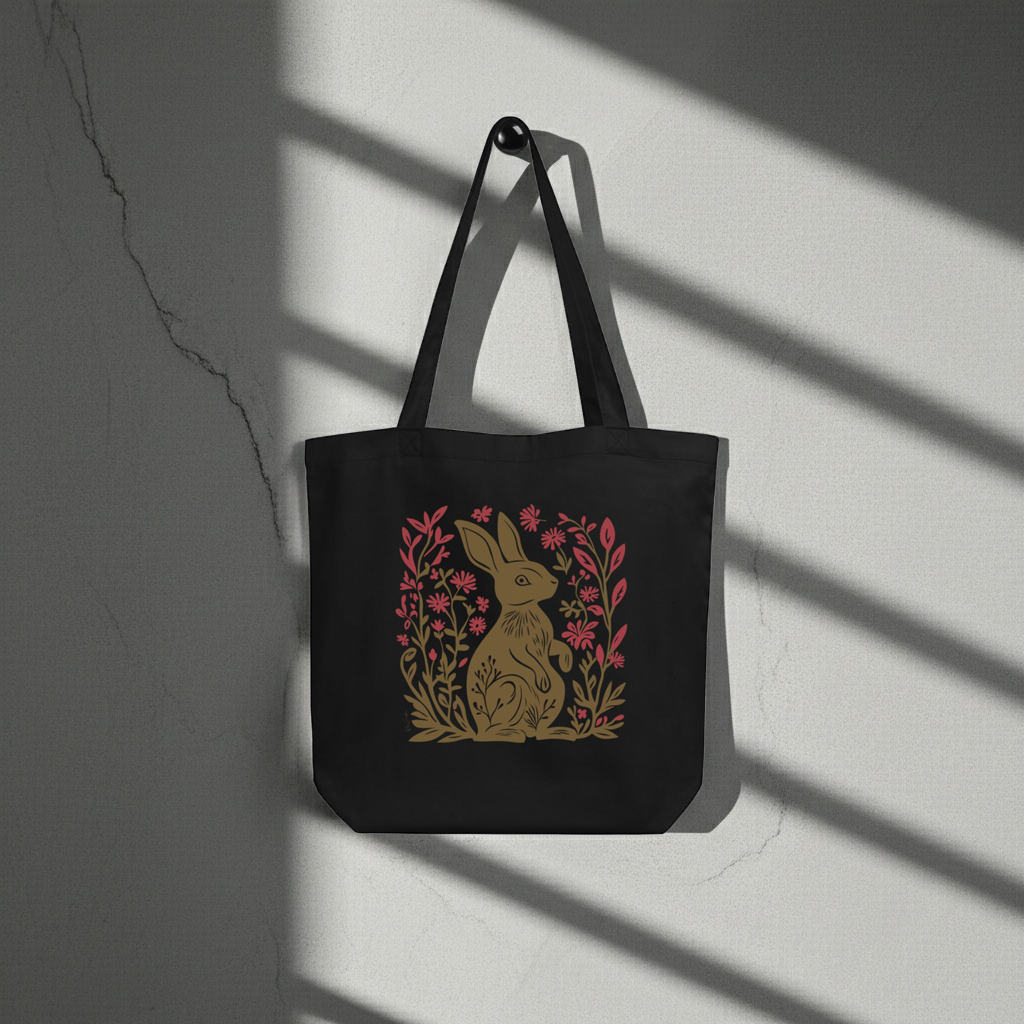 Sac tote noir en coton bio - Imprimé d'un lapin de style linogravure