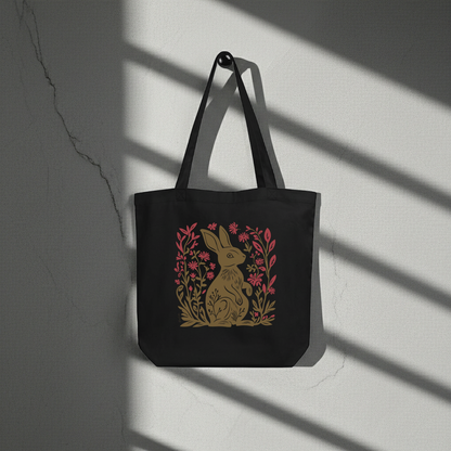 Sac tote noir en coton bio - Imprimé d'un lapin de style linogravure