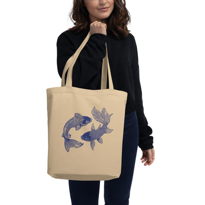 Sac tote beige en coton bio - Imprimé de poissons style sérigraphie