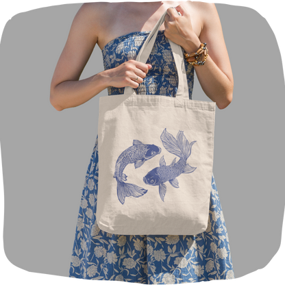 Sac tote beige en coton bio - Imprimé de poissons style sérigraphie