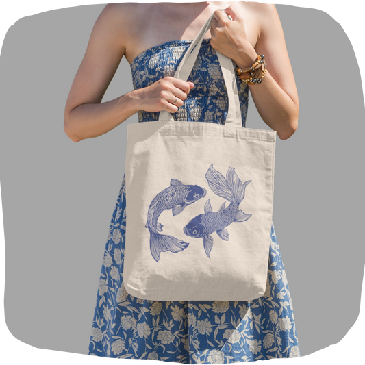 Sac tote beige en coton bio - Imprimé de poissons style sérigraphie