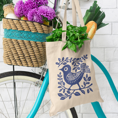 Sac tote beige en coton bio  - Motif artistique d'oiseau - rose zombie