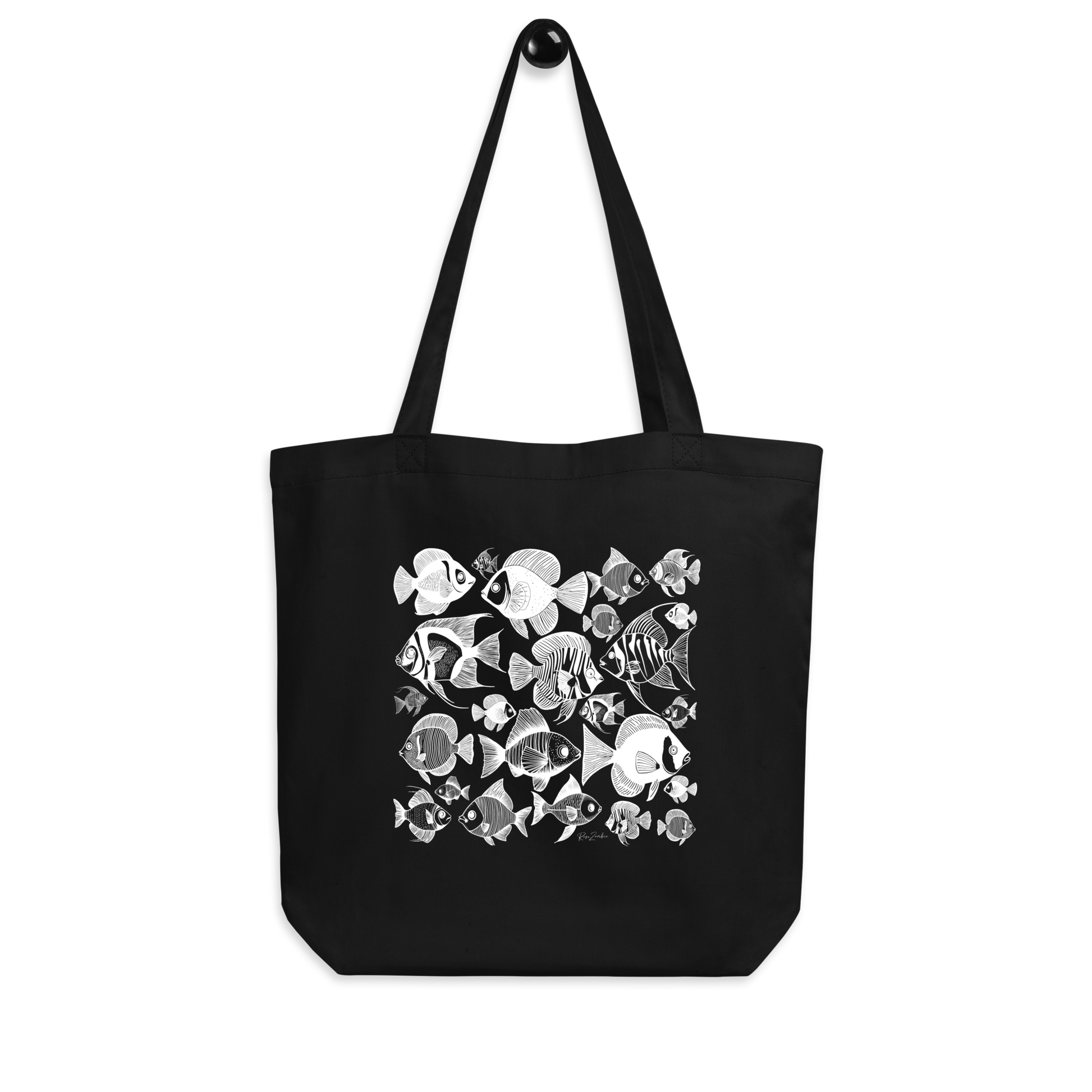 Sac tote noir en coton bio Mako - Motif marin - rose zombie