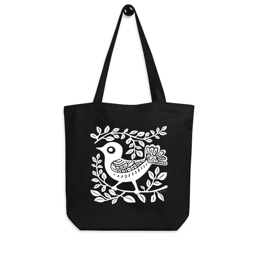 Sac tote noir en coton bio - Motif artistique d'oiseau - rose zombie