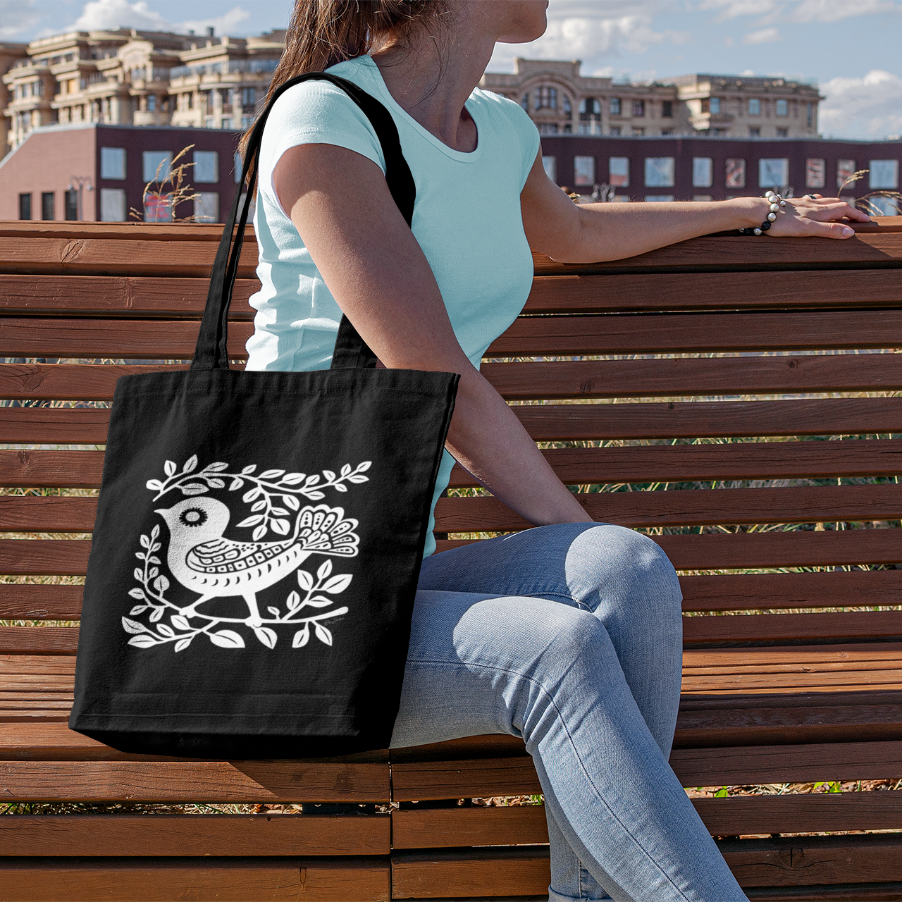 Sac tote noir en coton bio - Motif artistique d'oiseau - rose zombie