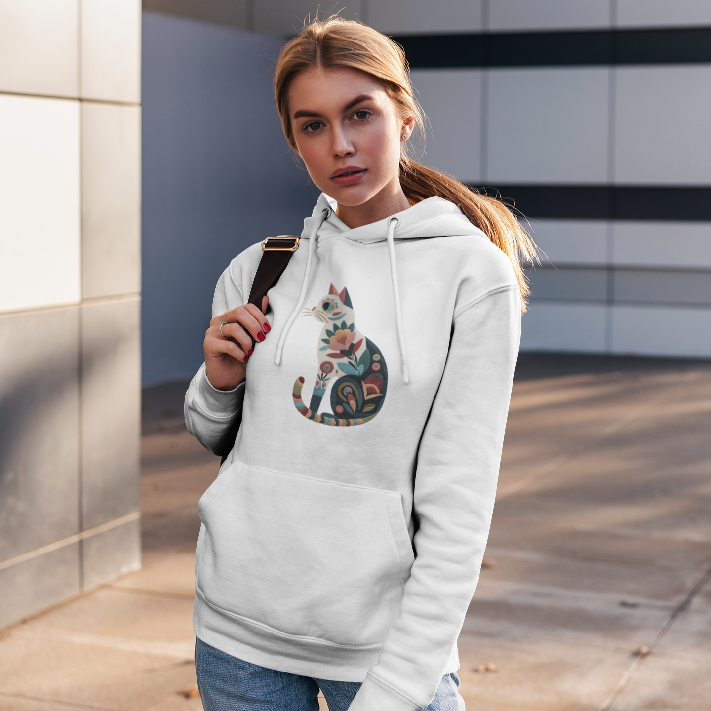 Sweat à capuche en coton durable – Chat au motif fleuri