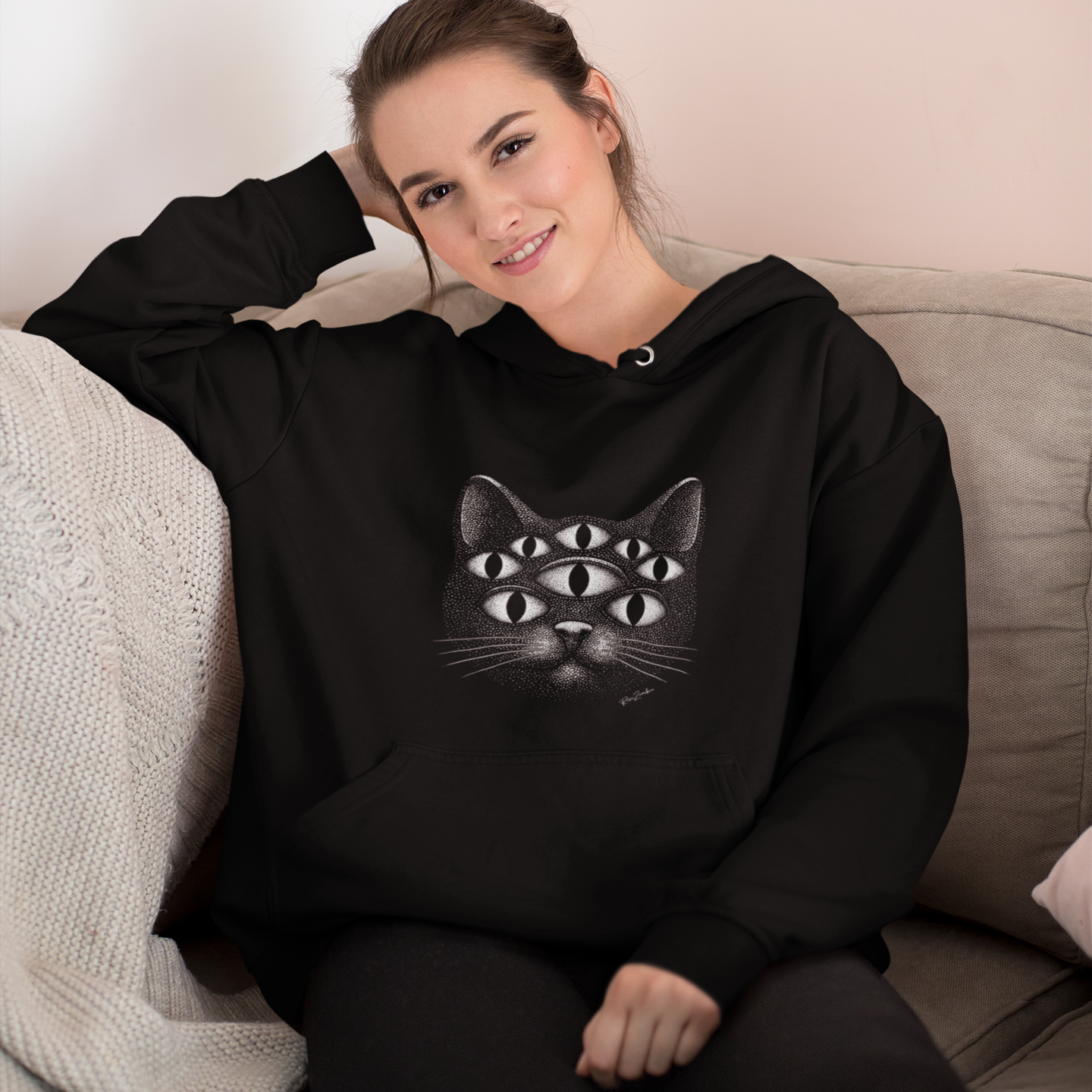 Sweat à capuche en coton durable – Chat psychédélique à 8 yeux