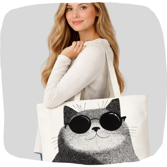 Sac tote large en coton éthique - Chat cool