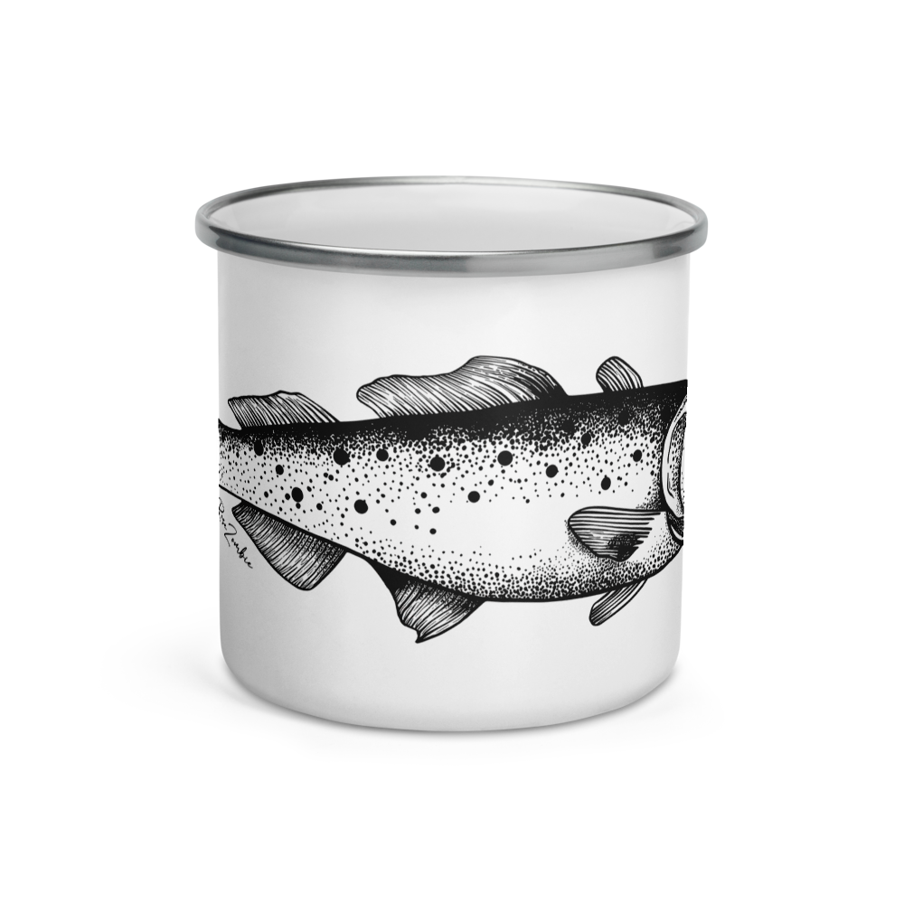 Tasse émaillée  noir et blanc — Truite mouchetée en illustration dotwork