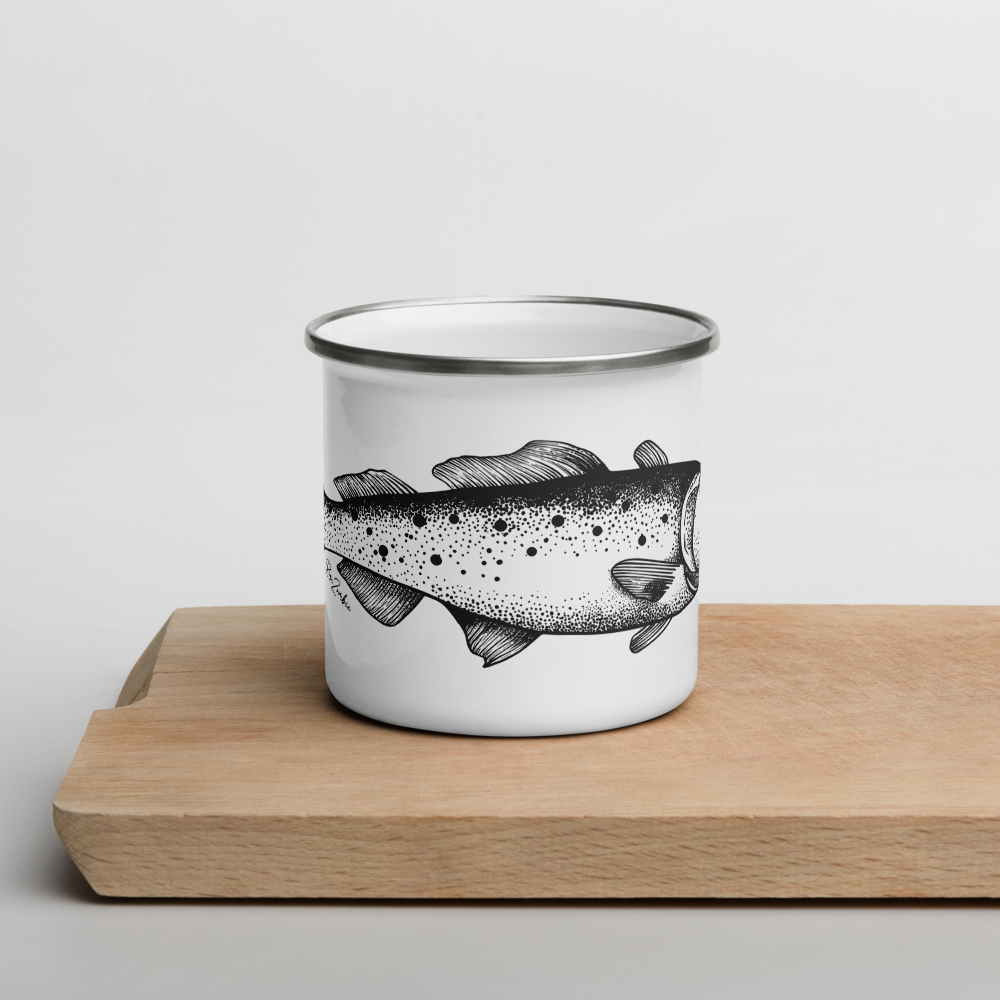 Tasse émaillée  noir et blanc — Truite mouchetée en illustration dotwork