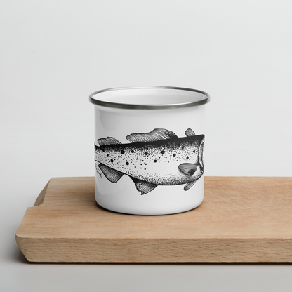 Tasse émaillée  noir et blanc — Truite mouchetée en illustration dotwork
