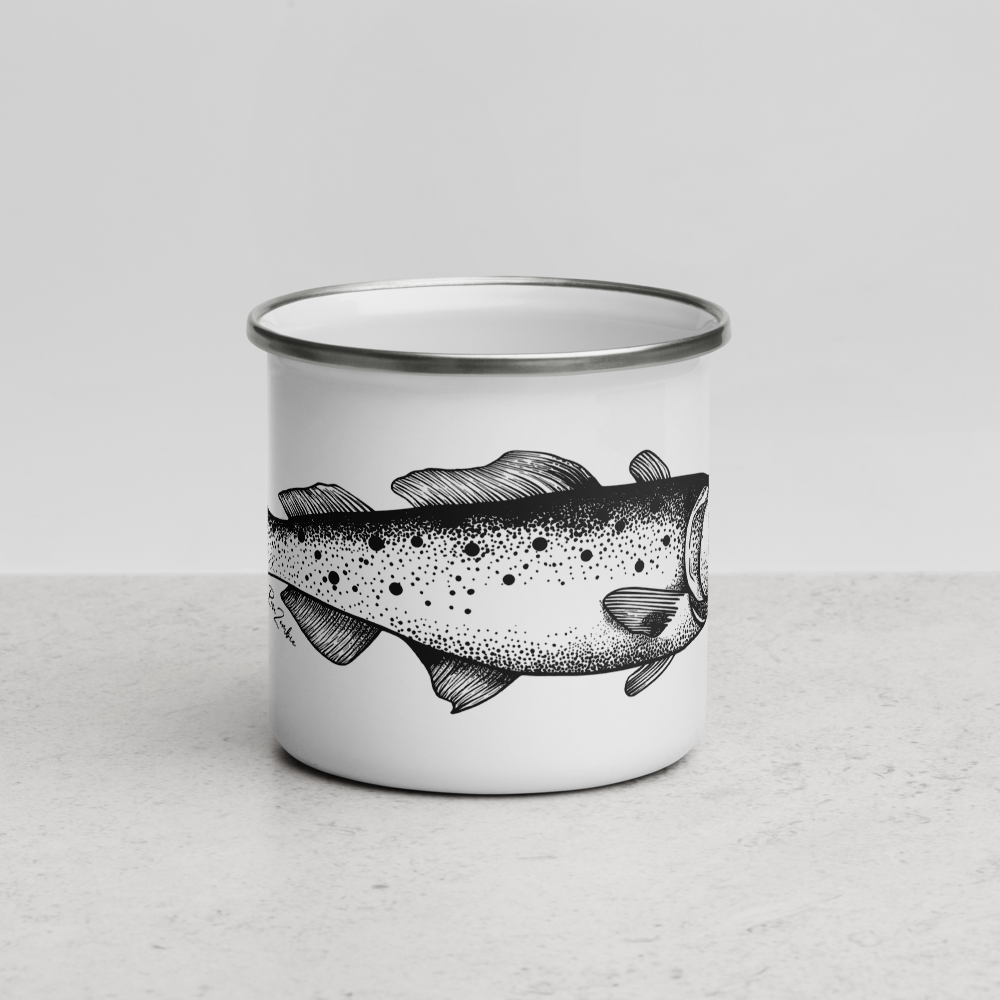 Tasse émaillée  noir et blanc — Truite mouchetée en illustration dotwork