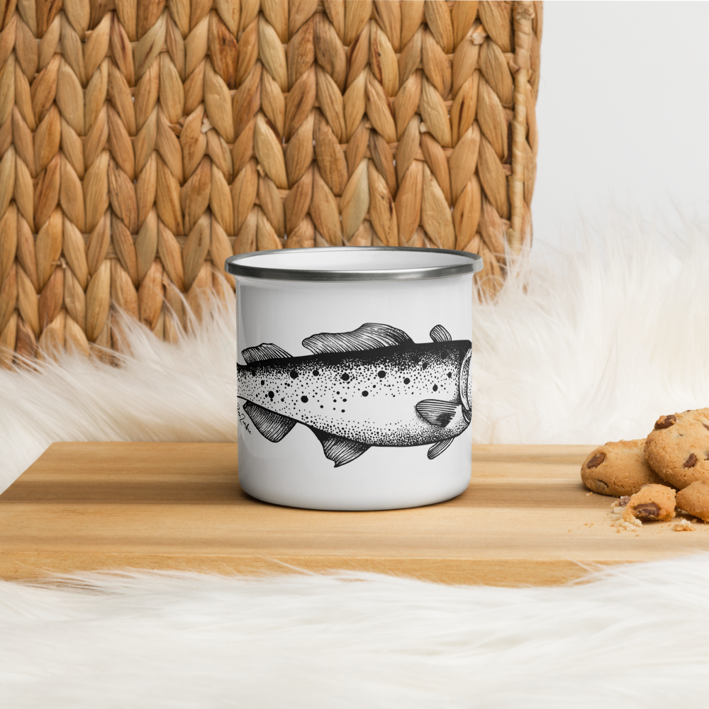 Tasse émaillée  noir et blanc — Truite mouchetée en illustration dotwork